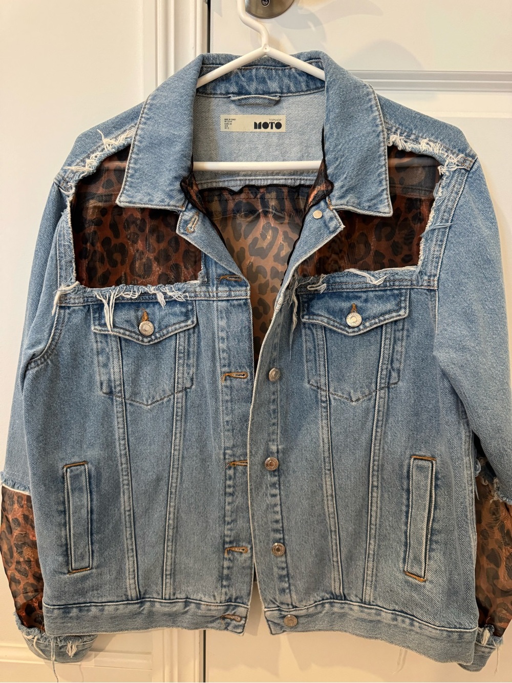 Topshop Moto Light Blue Denim Jacket with Leopard Paneling - SIZE US 8